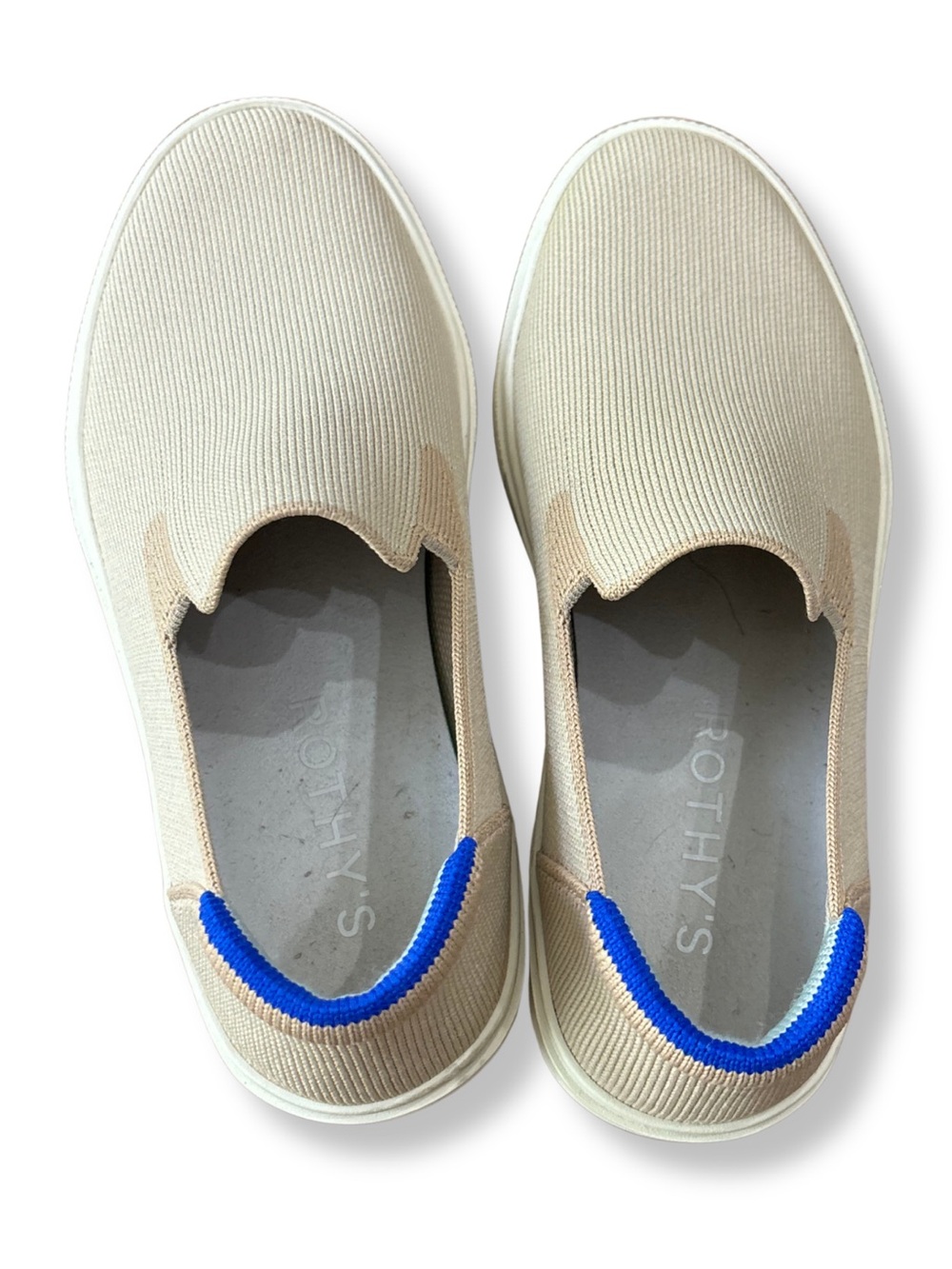 Rothy’s Slip On Knit Sneakers Women 7.5 Beige Blue Casual Comfort Shoes - Picture 2 of 9